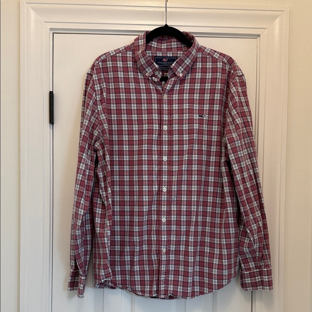 VINEYARD VINES Men's Burgundy Plaid Slim Fit Whale Shirt, Sz. XL